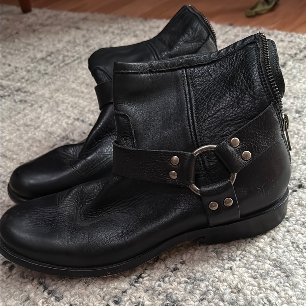 Black Leather Ankle Boots with Buckle Detail -FRYE moto boot. Hardly worn!